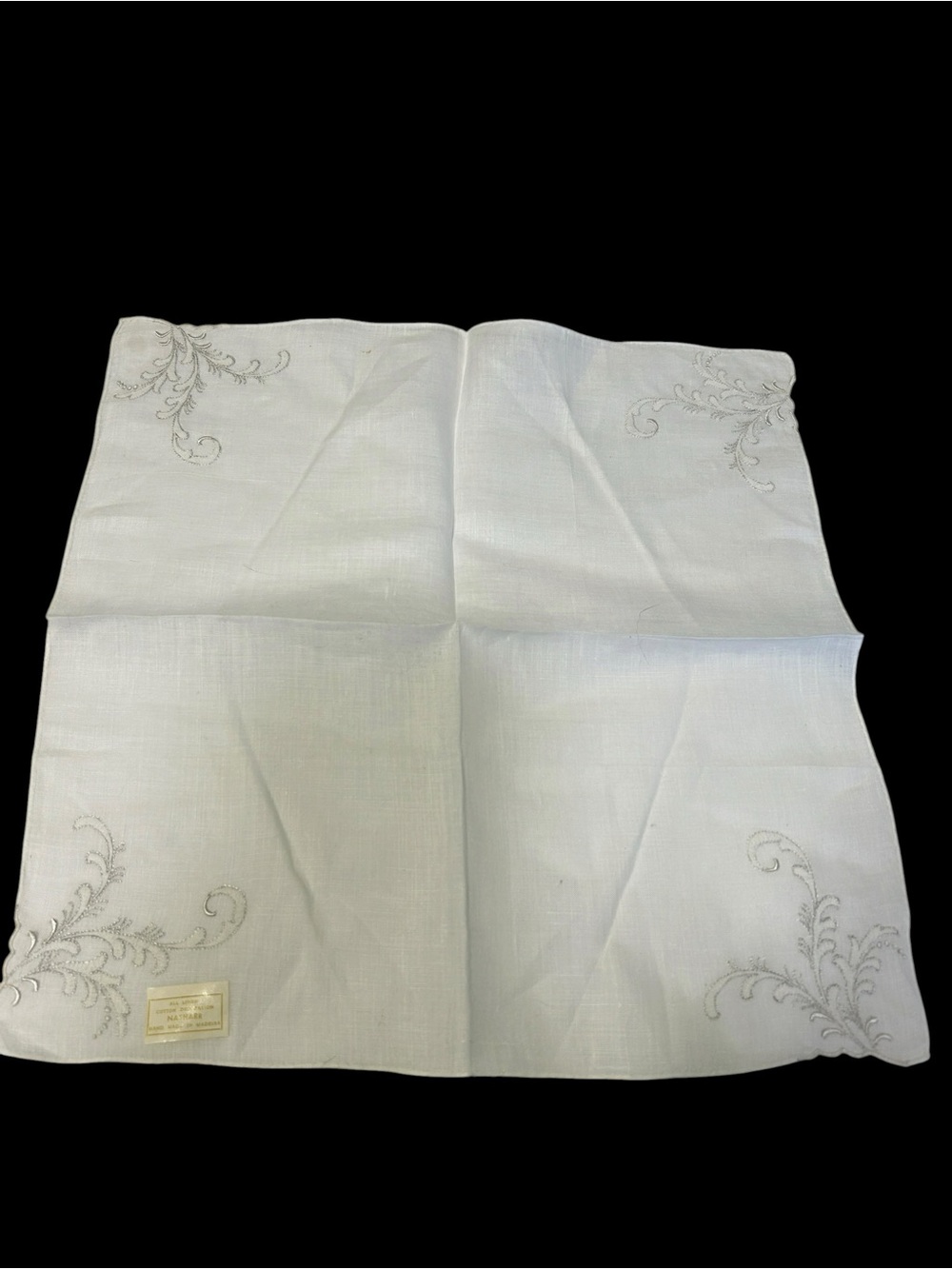 Vintage Nasharr Madeira Hand Embroidered Linen Handkerchief White